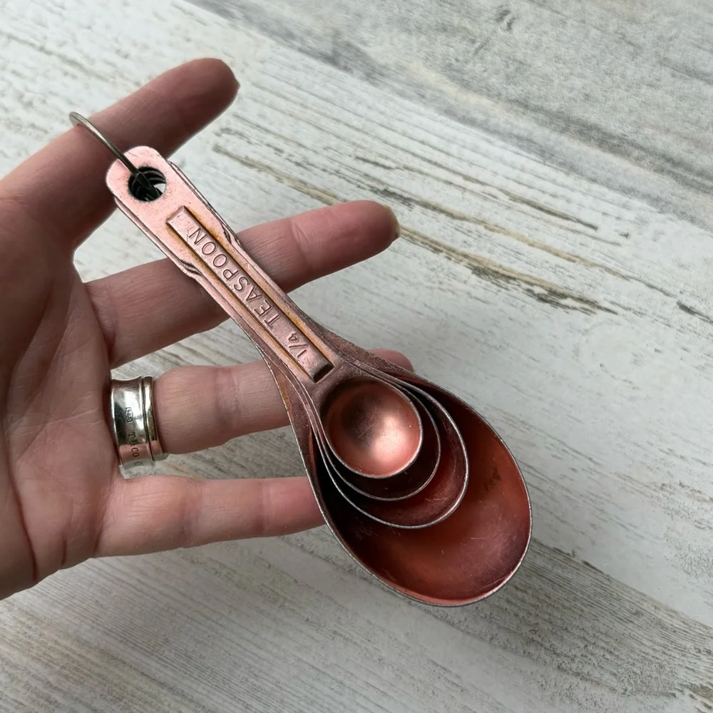 Vintage Aluminum Copper Tone Nesting Oval (4) Measuring Spoons US STD Farmhouse